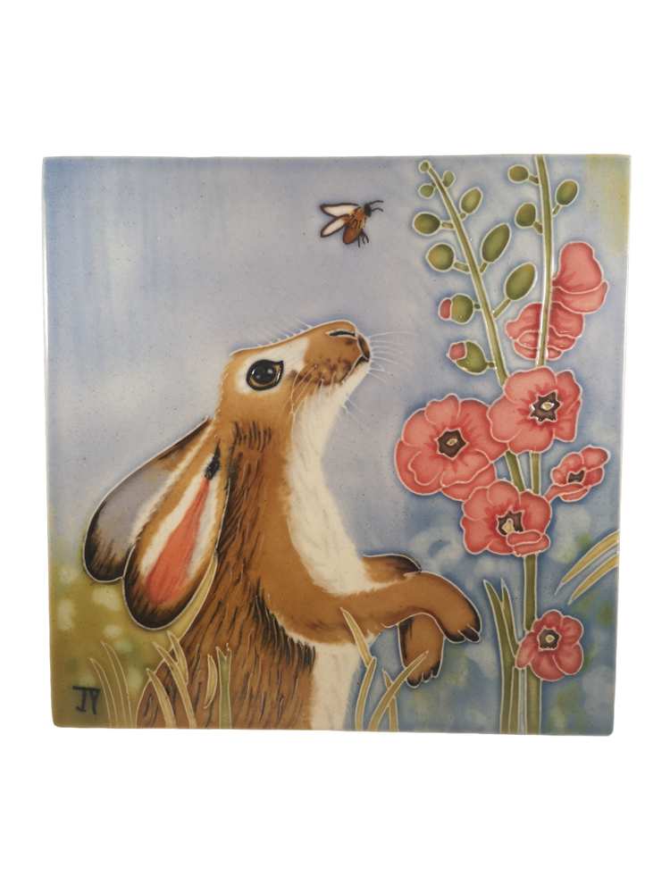 Hand Painted Ceramic Tile – Hare in Hollyhocks