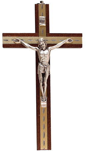 Beech Wood Crucifix Metal Inlaid - 8 inch