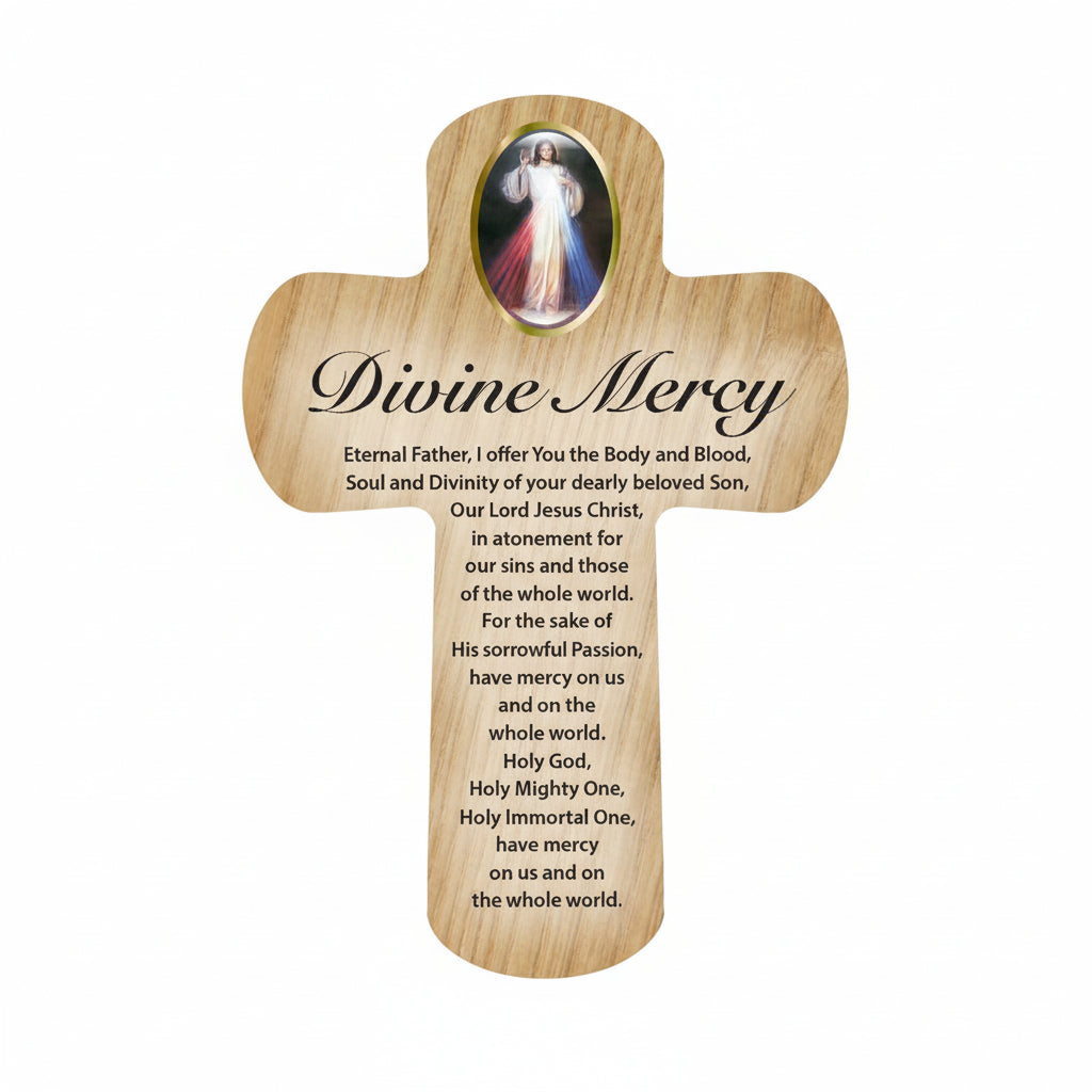Wooden cross with 'Divine Mercy' prayer and image of Jesus on a white background