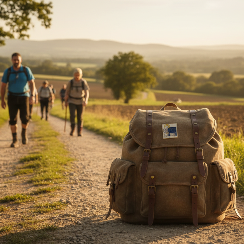 Pin with religious design featuring a figure and text on a black background