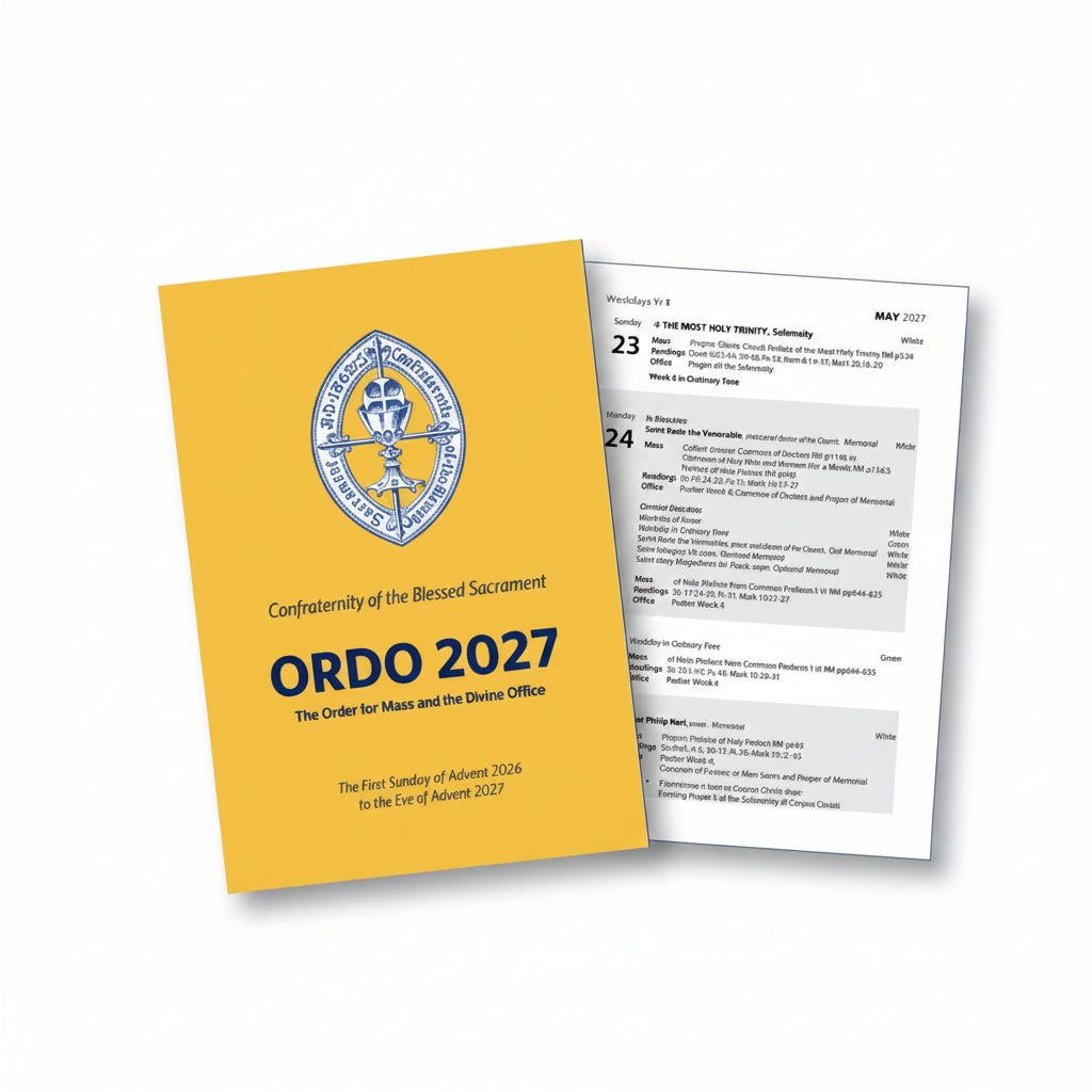 A yellow Ordno 2027 booklet or calendar cover shown in front of a printed liturgical calendar page. The cover has the Ordno 2027 title and a blue seminary seal at the top.