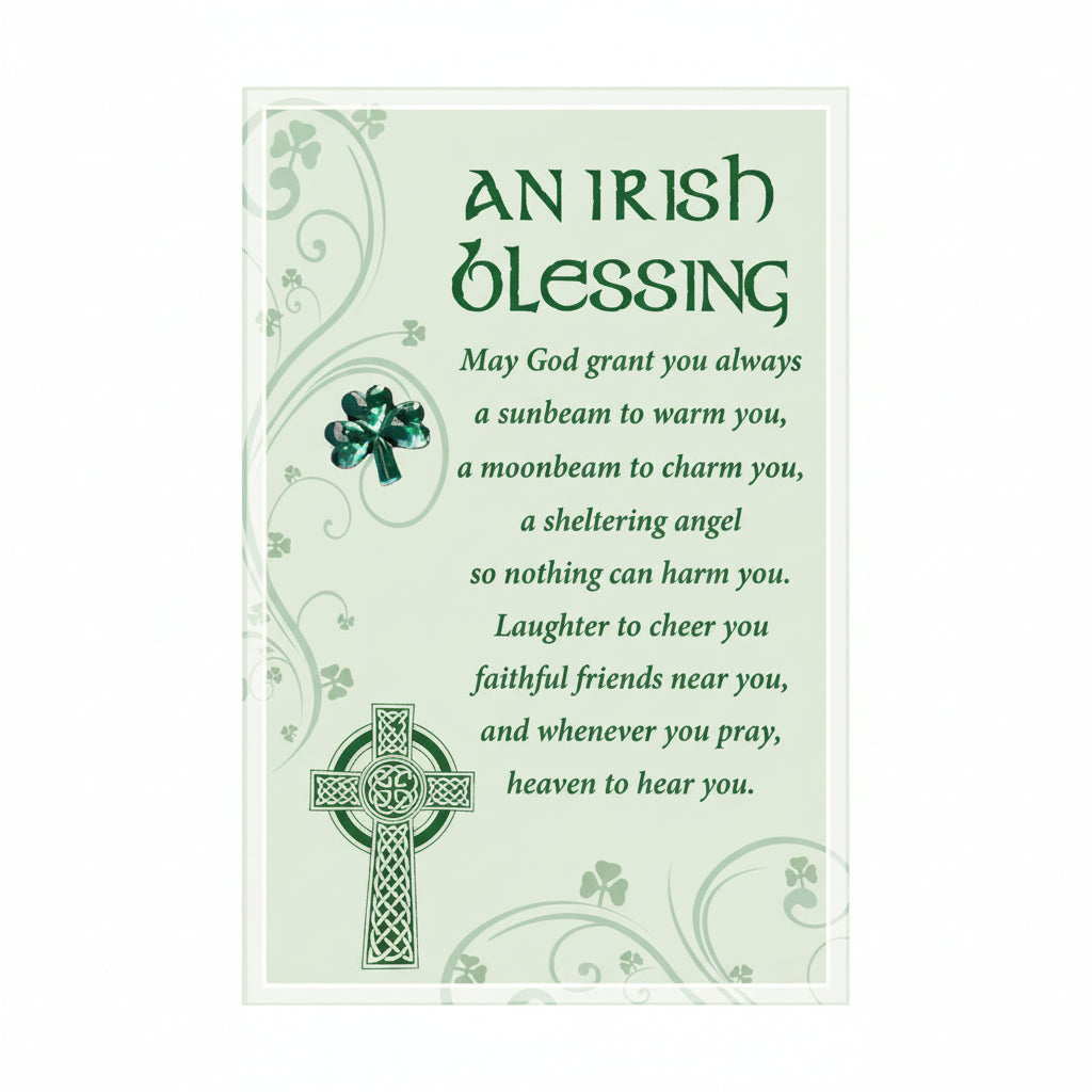 A glass plaque with an Irish blessing, featuring a green background, a white cross, and various Celtic symbols.