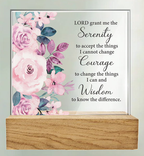 Serenity Prayer Glass Plaque with Wood Base