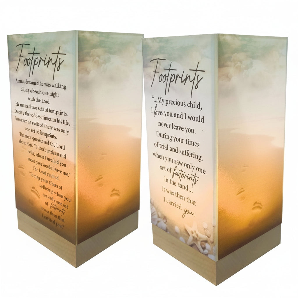 Two lanterns with 'Footprints' text on a white background