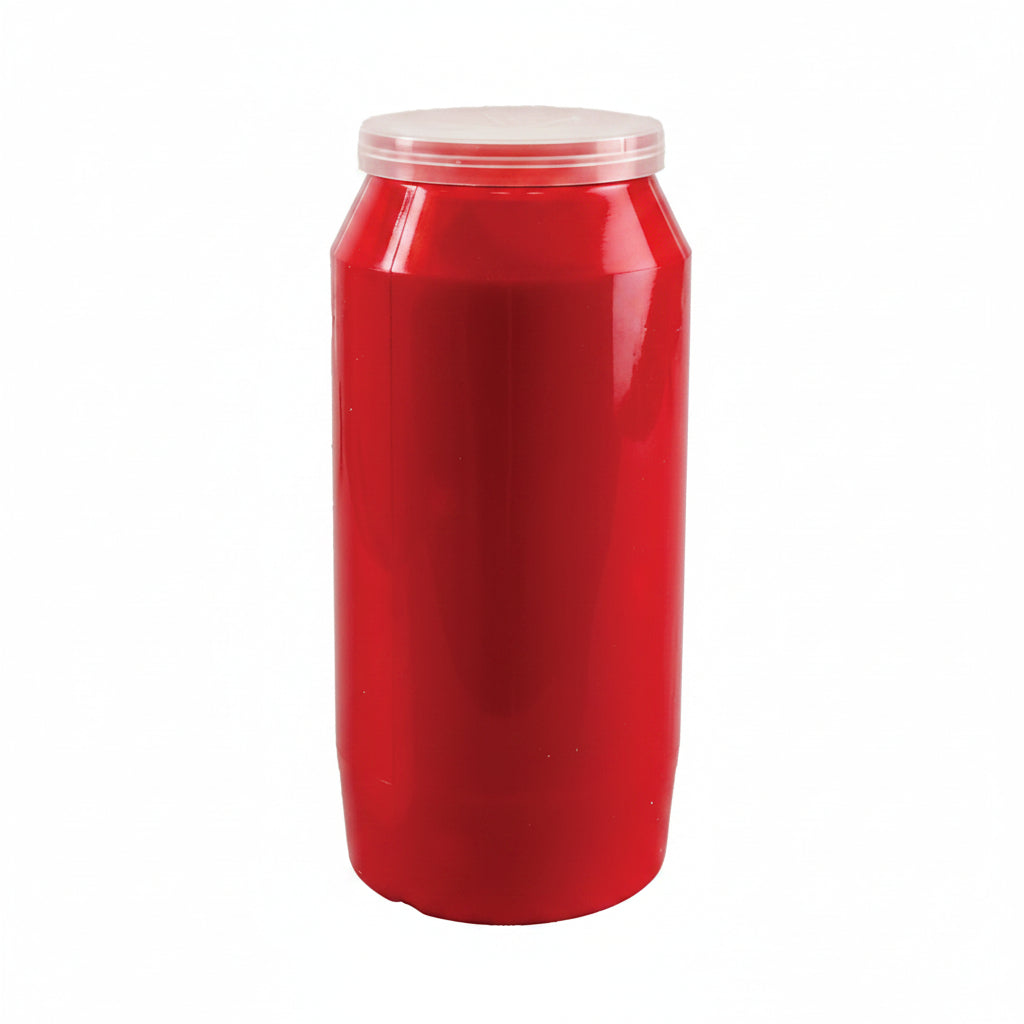 A glossy red cylindrical container with a translucent light pink lid, shown against a plain white background.