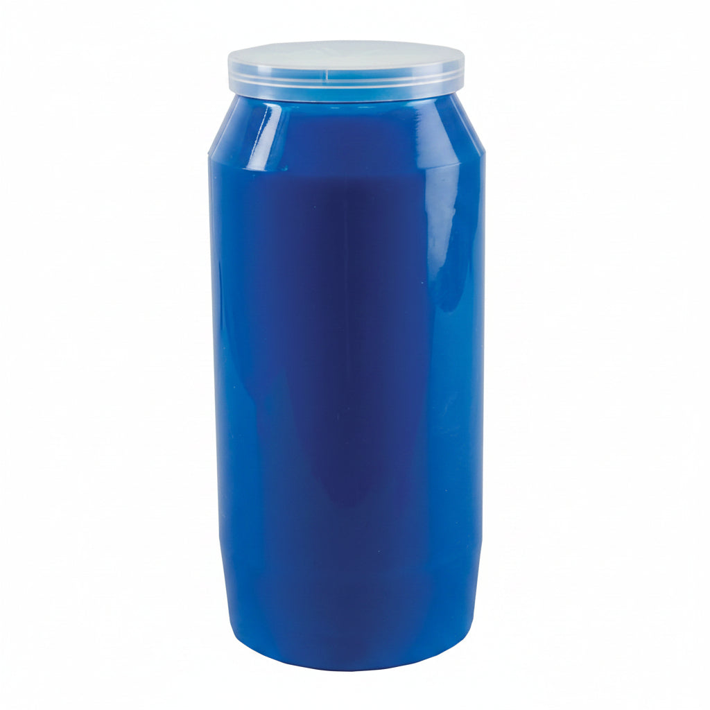 A tall, cylindrical blue plastic container with a translucent light blue screw-on lid, shown against a plain white background.
