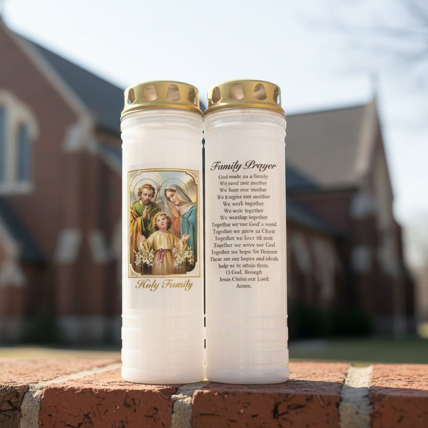 Two prayer candles with religious imagery and text on a white background
