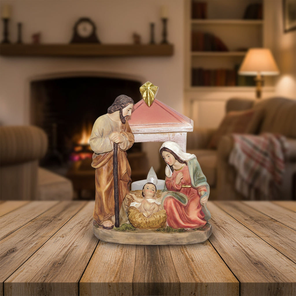 Nativity scene figurine with Mary, Joseph, and baby Jesus in a manger.