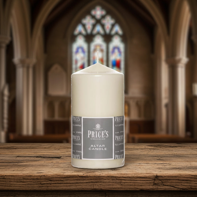 White candle with a label on a white background