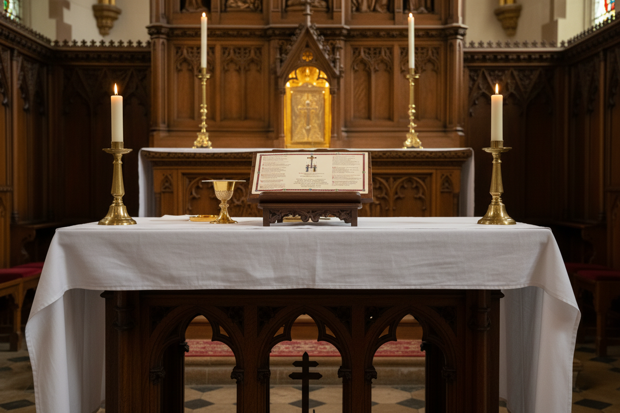 Liturgical text with a crucifix illustration on a beige background