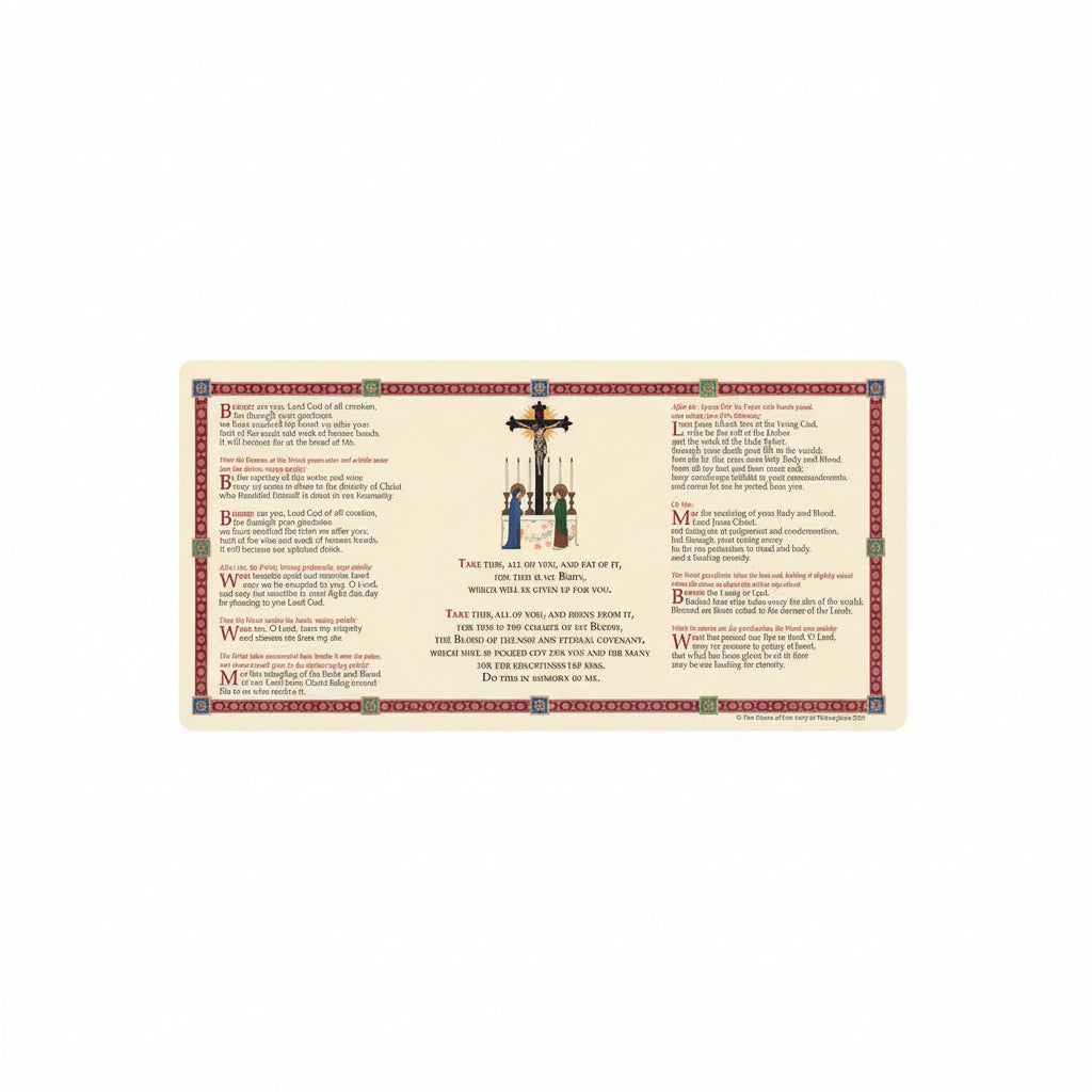 Liturgical text with a crucifix illustration on a beige background
