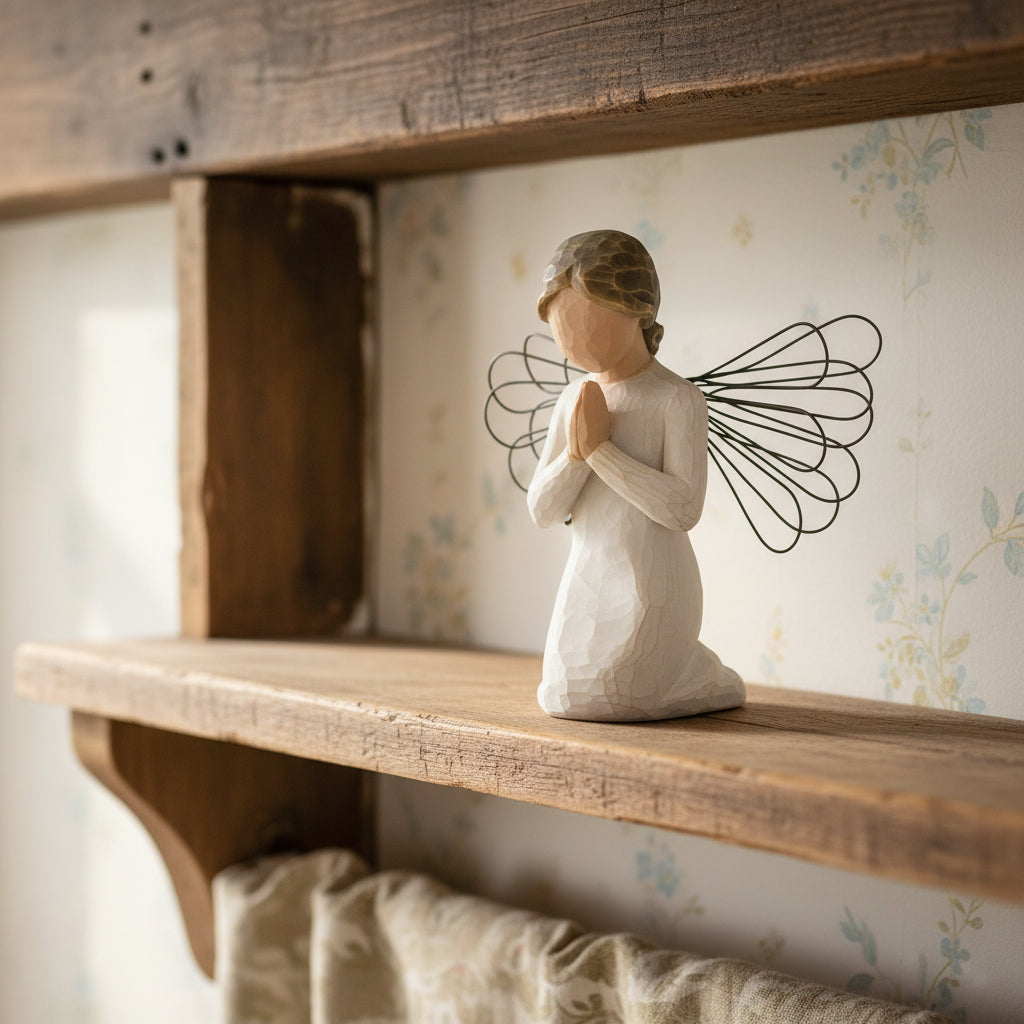 A figurine of an angel with apray pose, featuring a white dress and black wings.