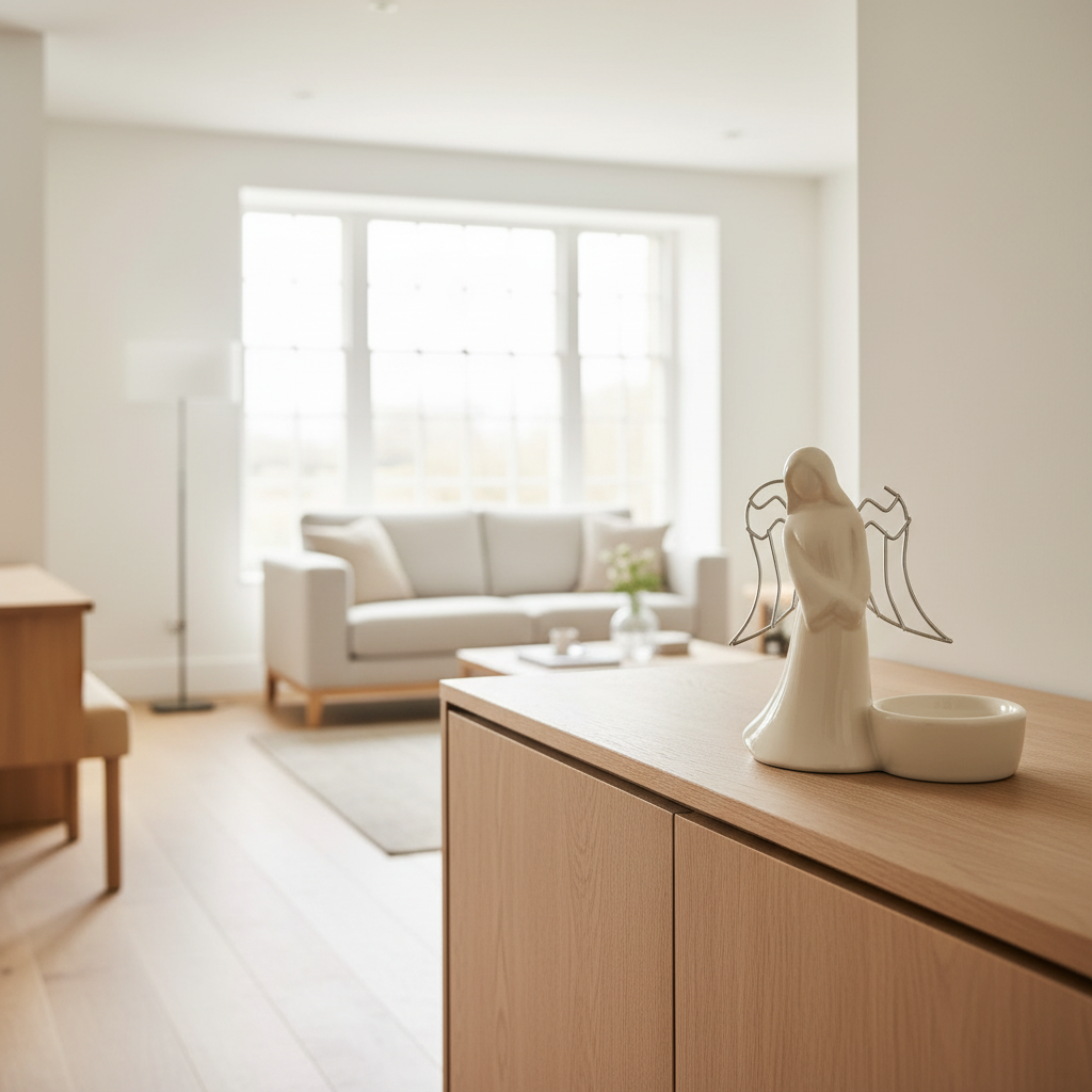 Ceramic angel figurine with a small bowl attached to its side on a white background