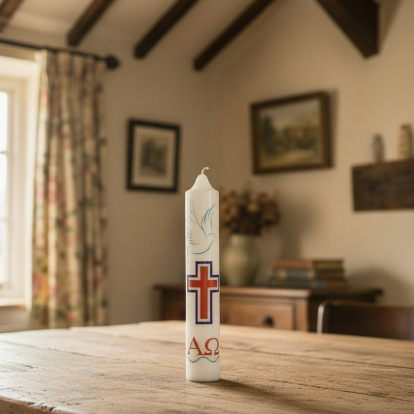 Two white baptism candles with decorative elements, one featuring a cross which is commonly used in Christian ceremonies.