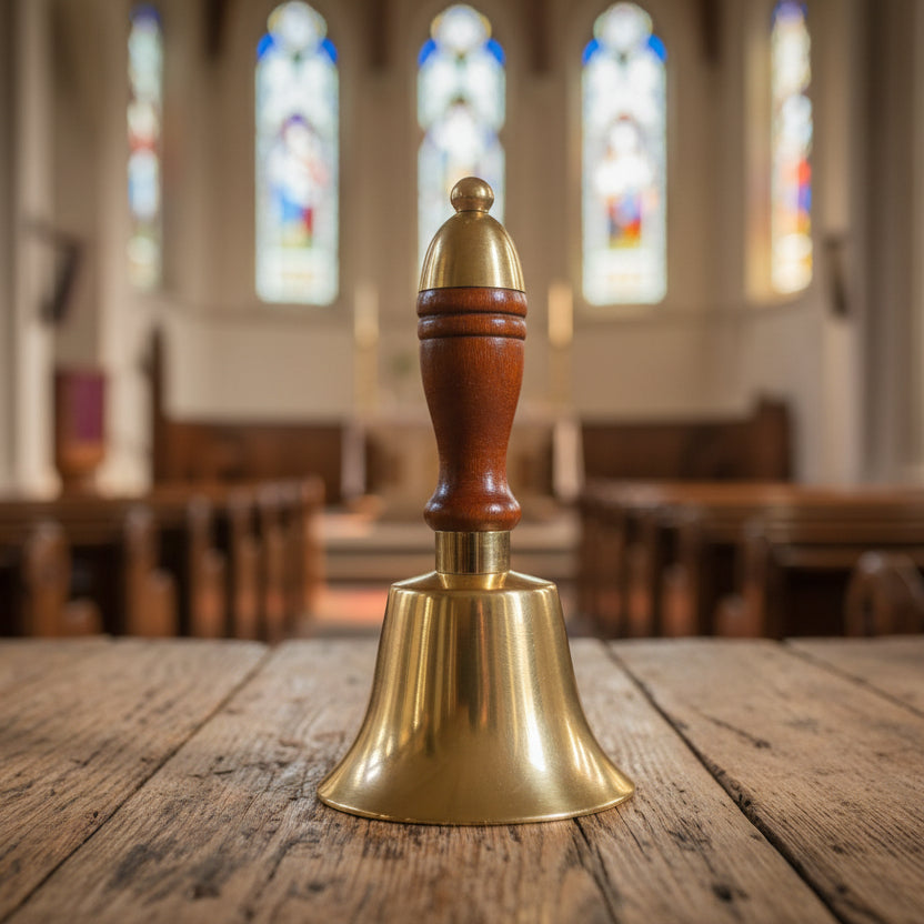 A brass decorative bell with a wooden handle, featuring a golden color finish.