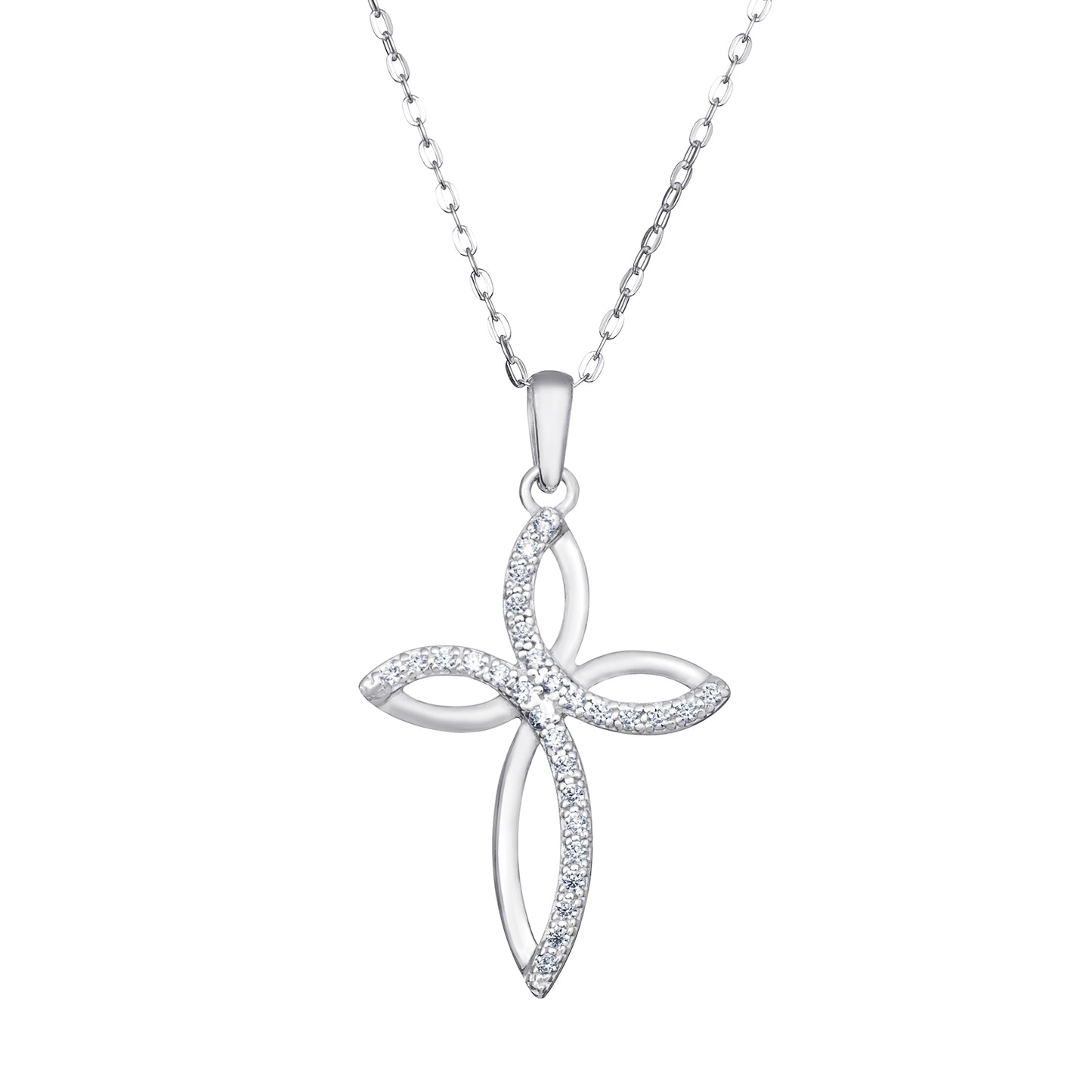 Silver cross pendant necklace on a white background