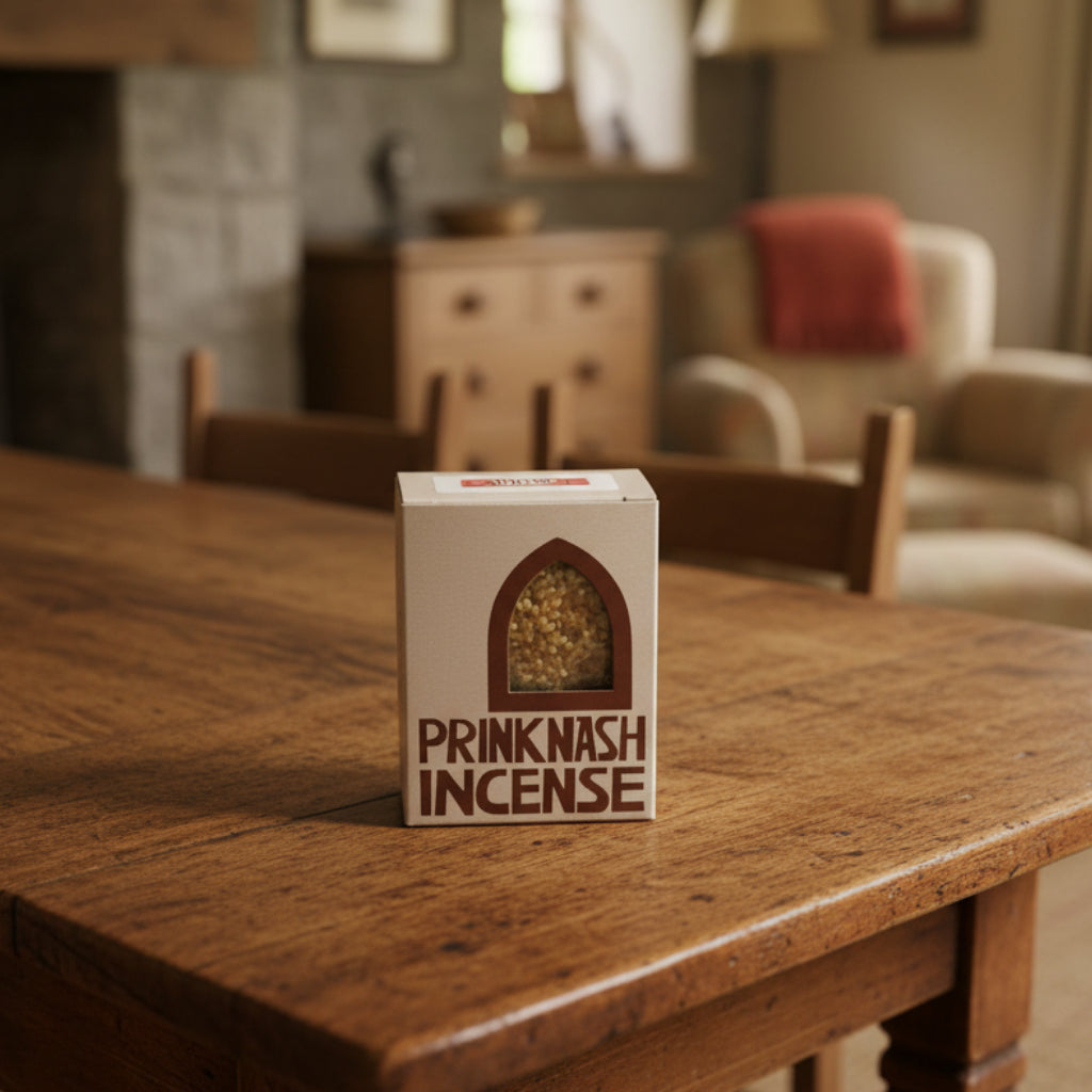 Box of Prinknash Incense with a clear window showing the incense inside, on a white background.