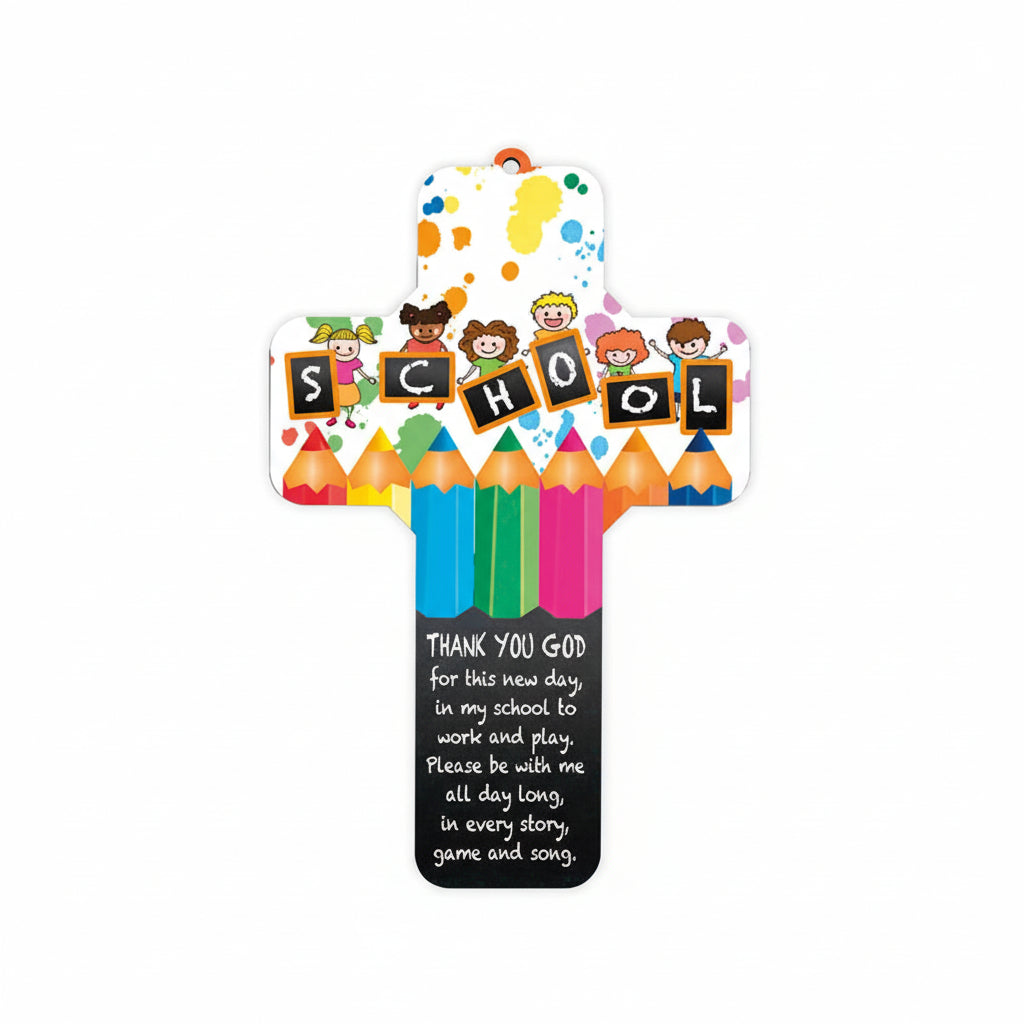 Cross-shaped card with children, pencils, and 'SCHOOL' text on a white background