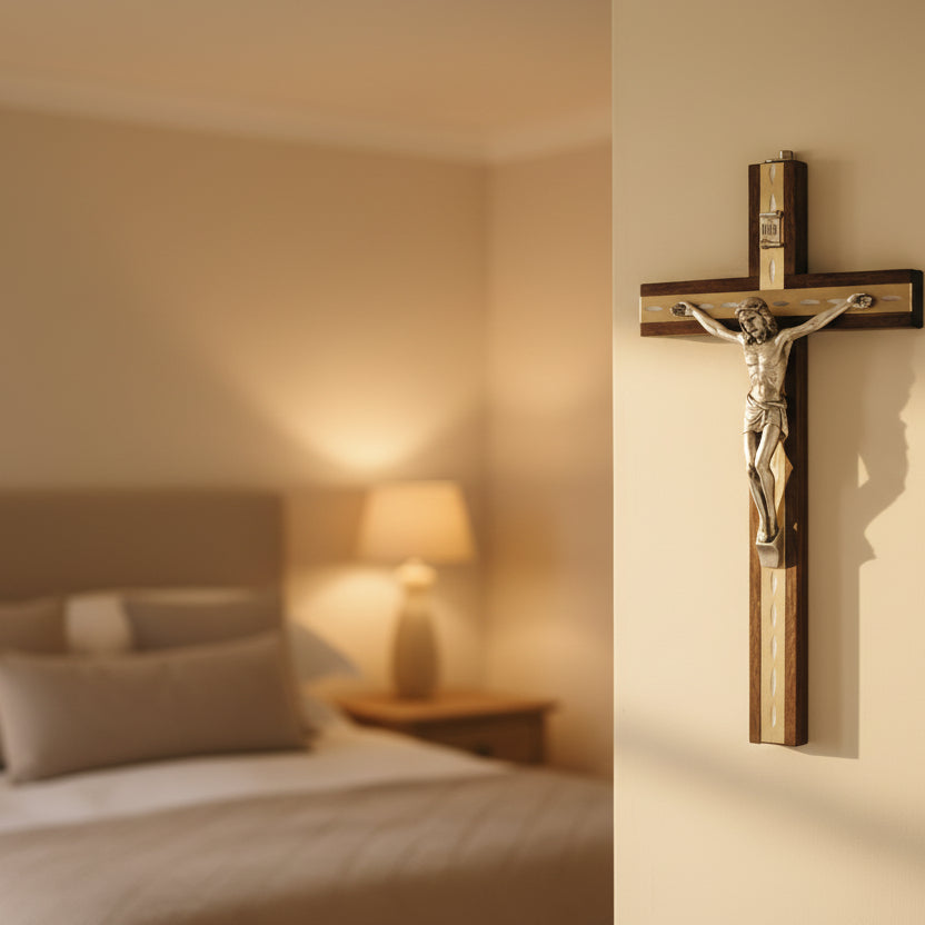 Wooden cross with silver Jesus Christ figure on a white background