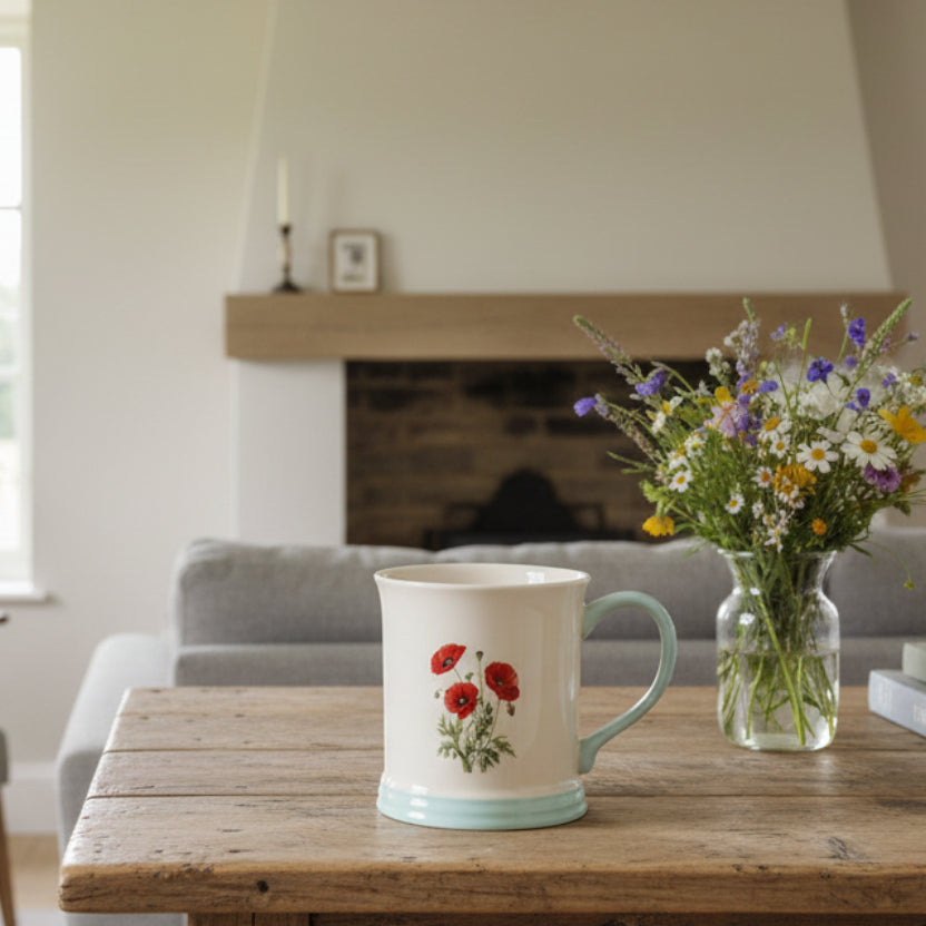 Mug with red poppy design on a white background