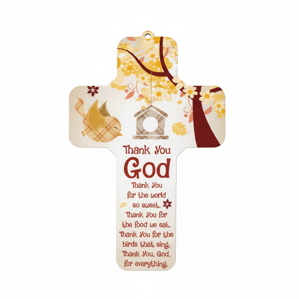 Decorative cross with nature-themed design and 'Thank You God' text on a white background