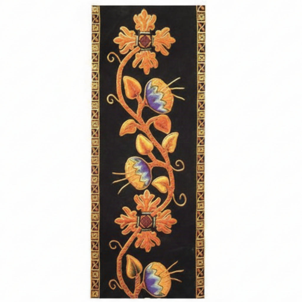 Decorative panel with floral patterns and colorful butterflies on a black background