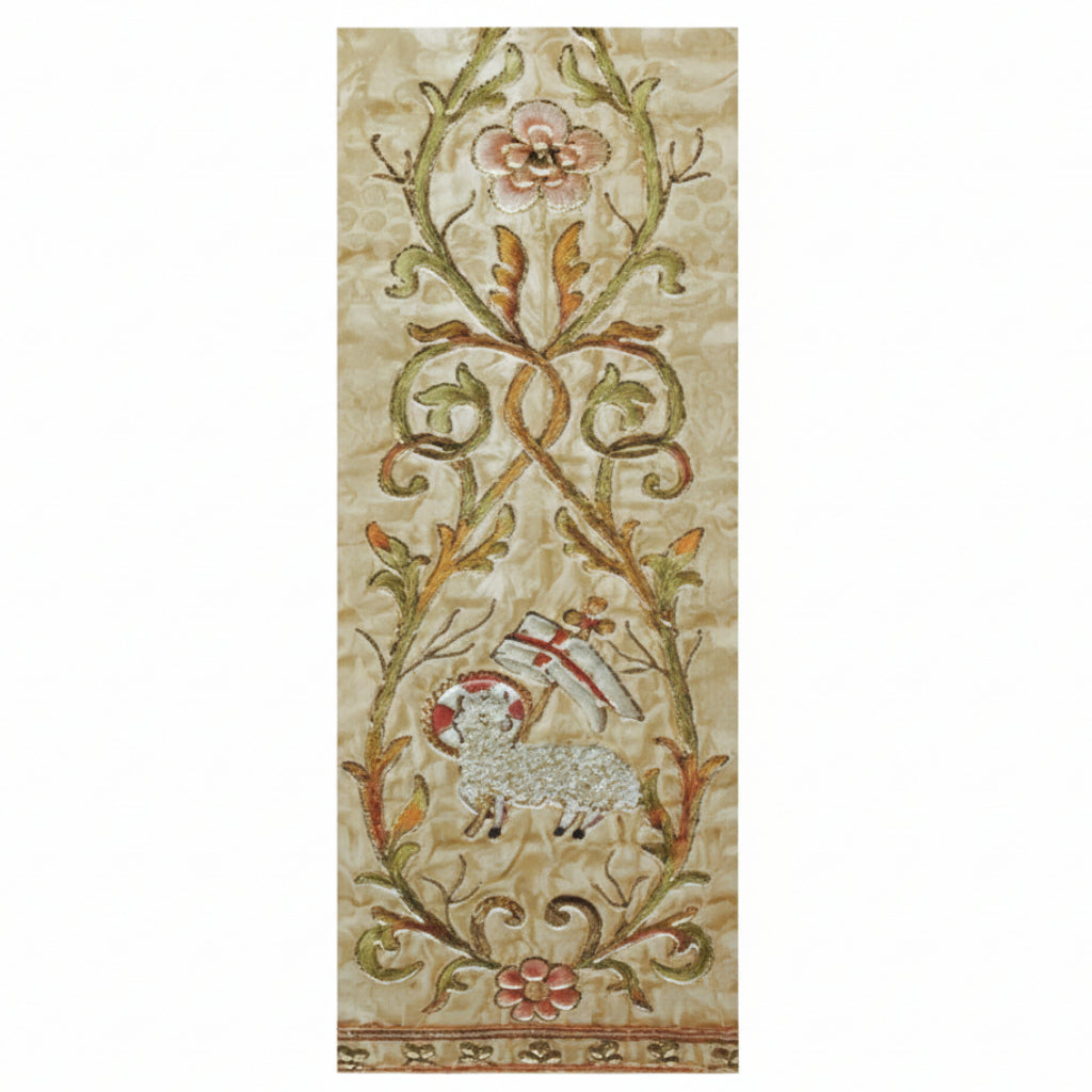 Decorative tapestry with floral and animal patterns on a beige background