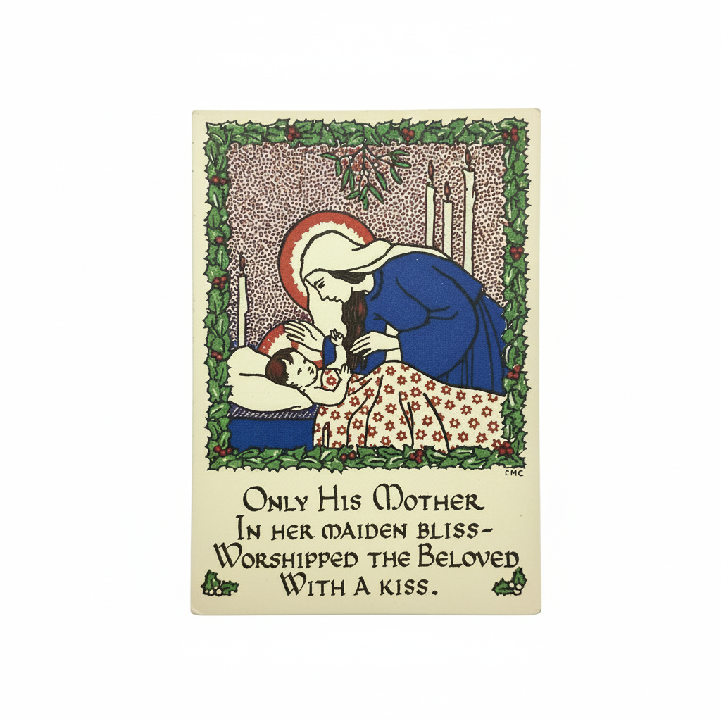 A Christmas card design featuring an illustration of the Virgin Mary holding the baby Jesus, surrounded by candles and a decorative border with festive motifs.
