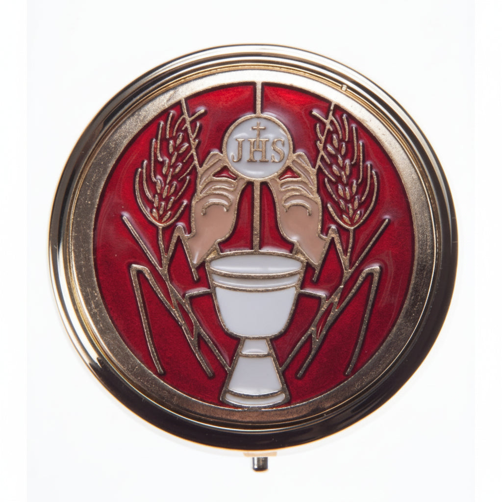 Round red object with religious symbols on a white background