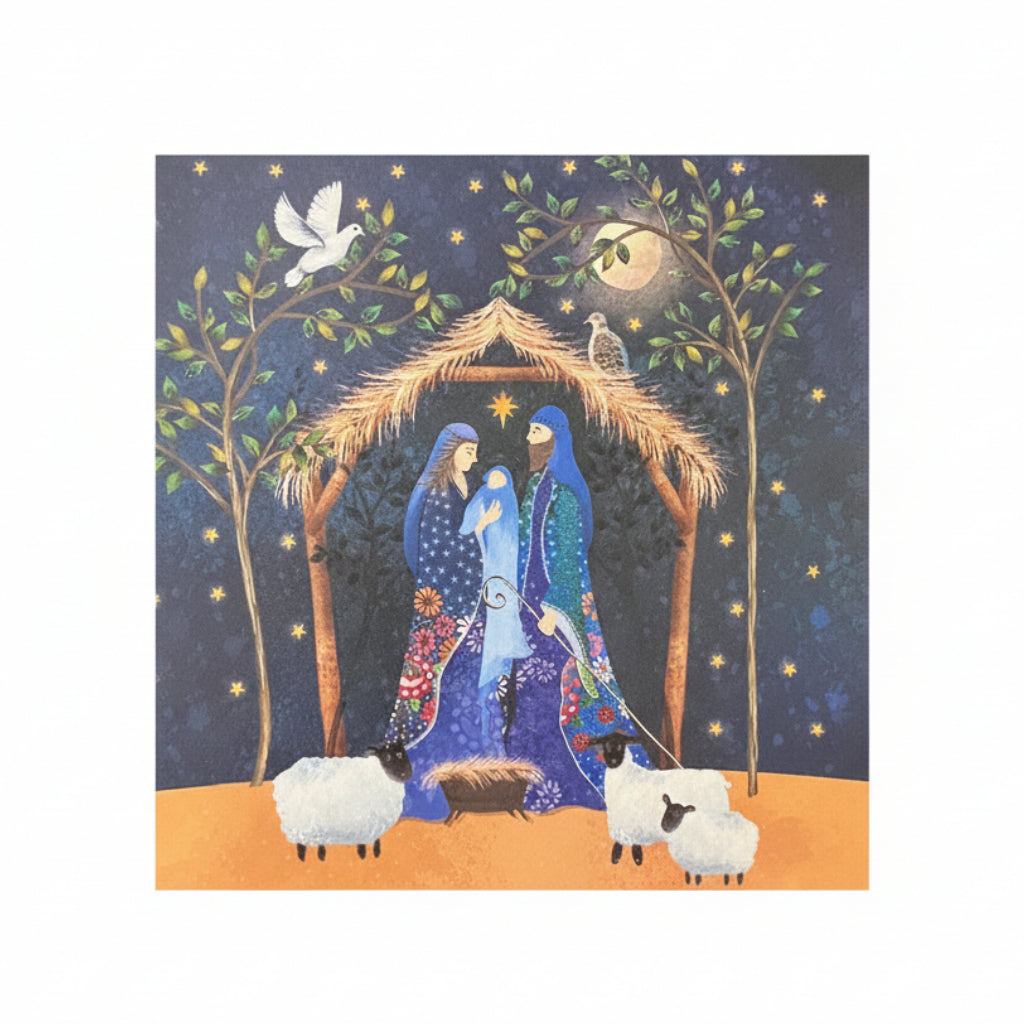 Illustration of a nativity scene with two figures holding a baby, surrounded by sheep and trees under a starry night sky.