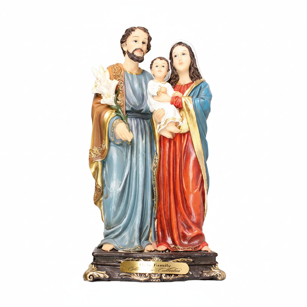 A colorful resin statue of the Holy Family, featuring traditional Italian design with gold highlights.