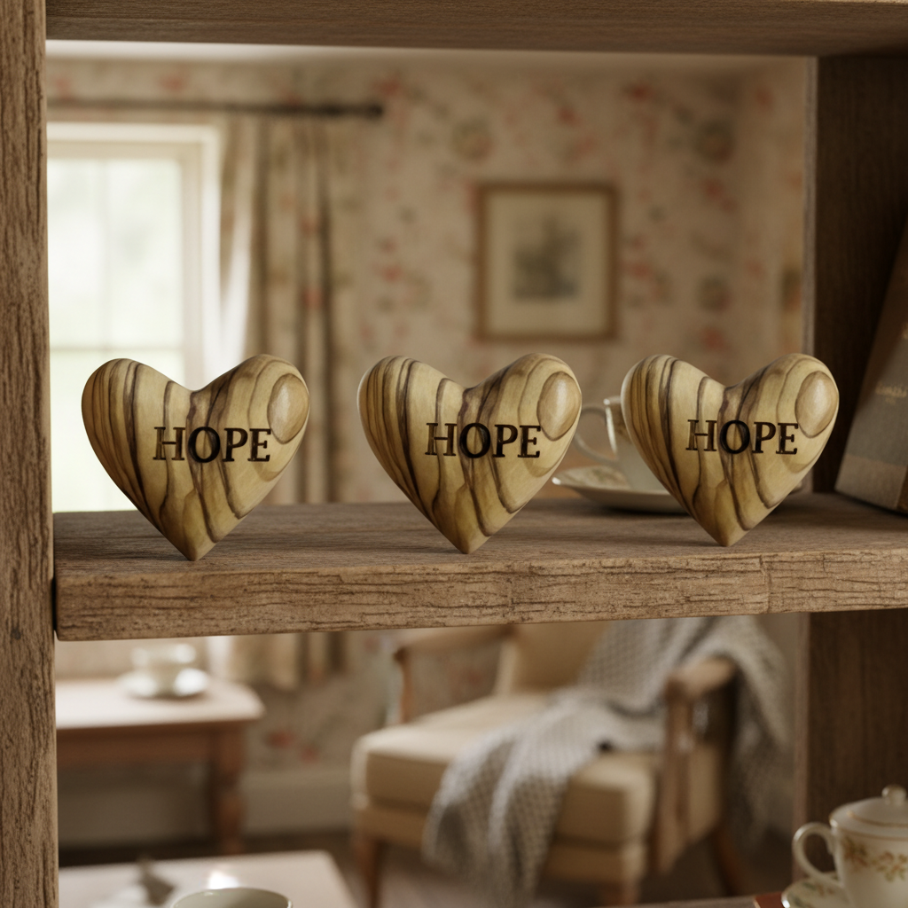 A handcrafted olive wood heart-shaped object with the word 'HOPE' inscribed on it.