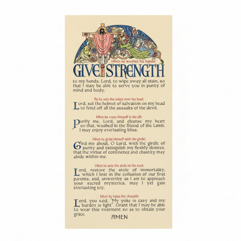 Decorative text with religious themes and artistic elements on a beige background