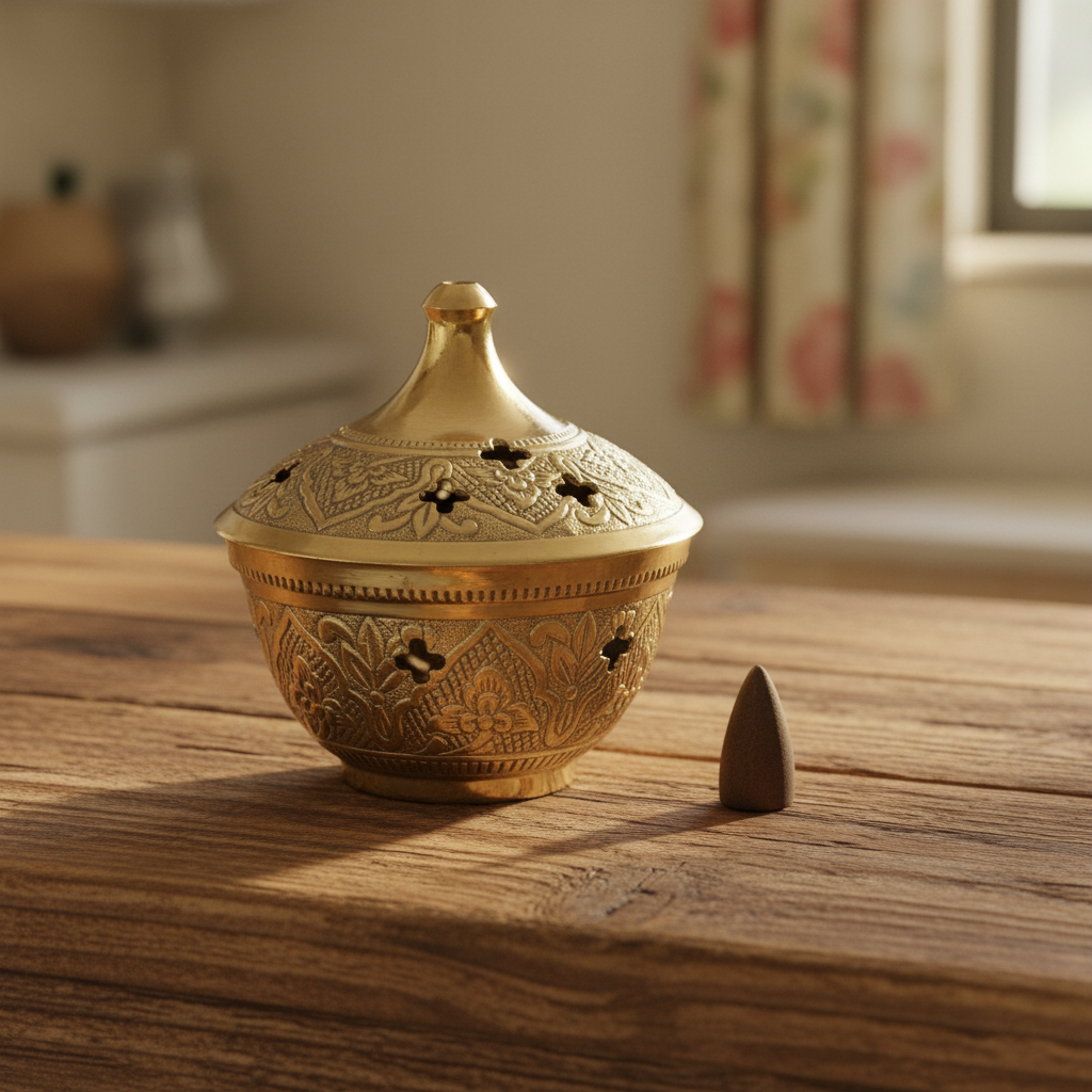 Decorative gold incense burner with intricate patterns on a white background