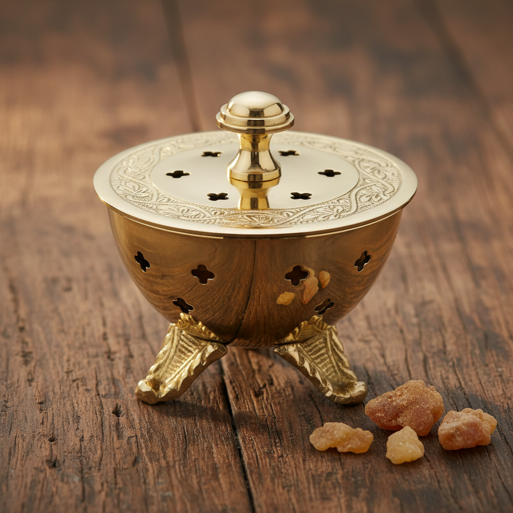 Decorative gold incense burner with intricate designs on a white background