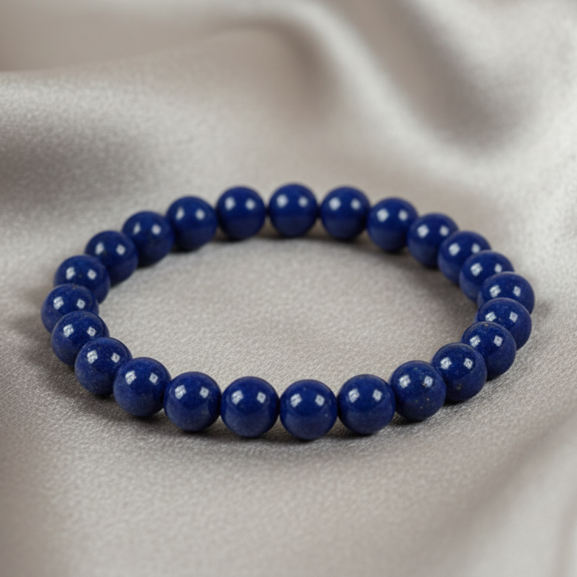 Blue beaded bracelet on a wooden surface with a 'Power Bracelets' card.