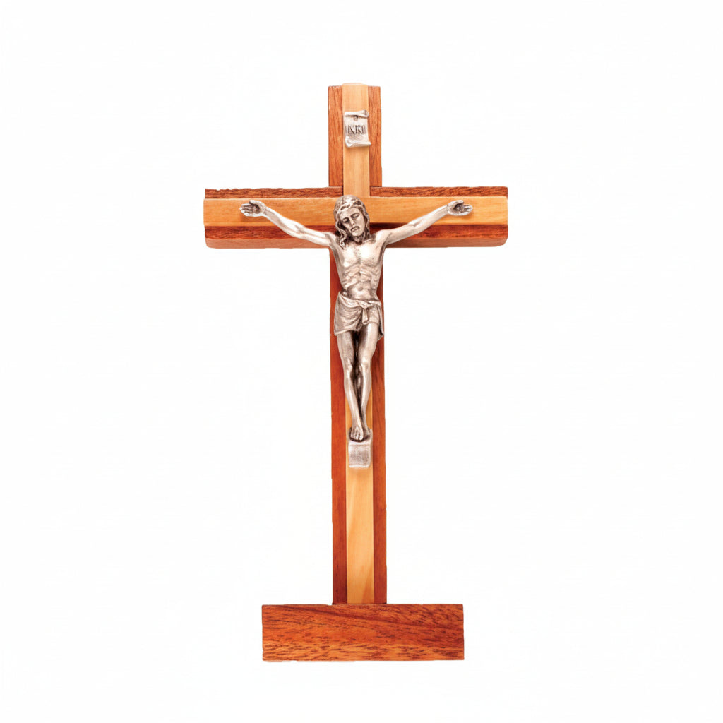 A wooden standing crucifix with a metal corpus representing Jesus Christ, featuring an olive wood insert.