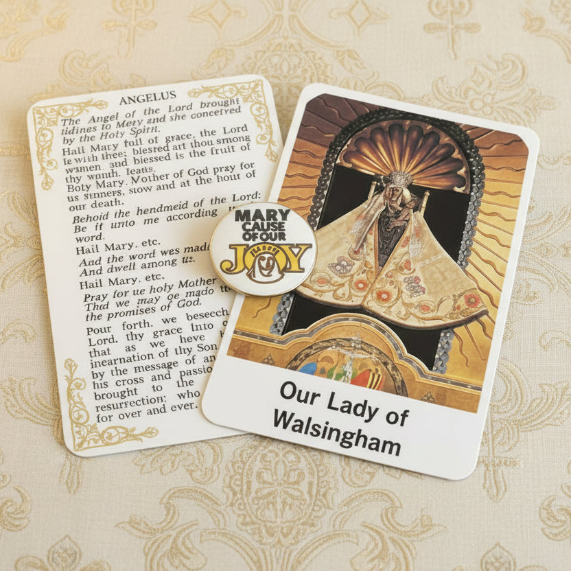 Pilgrim badge and angelus prayer card