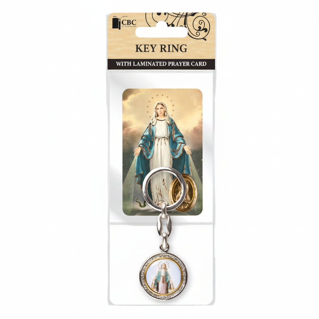 A keyring featuring an image of the Virgin Mary with a golden halo and a circular frame resembling a prayer card.