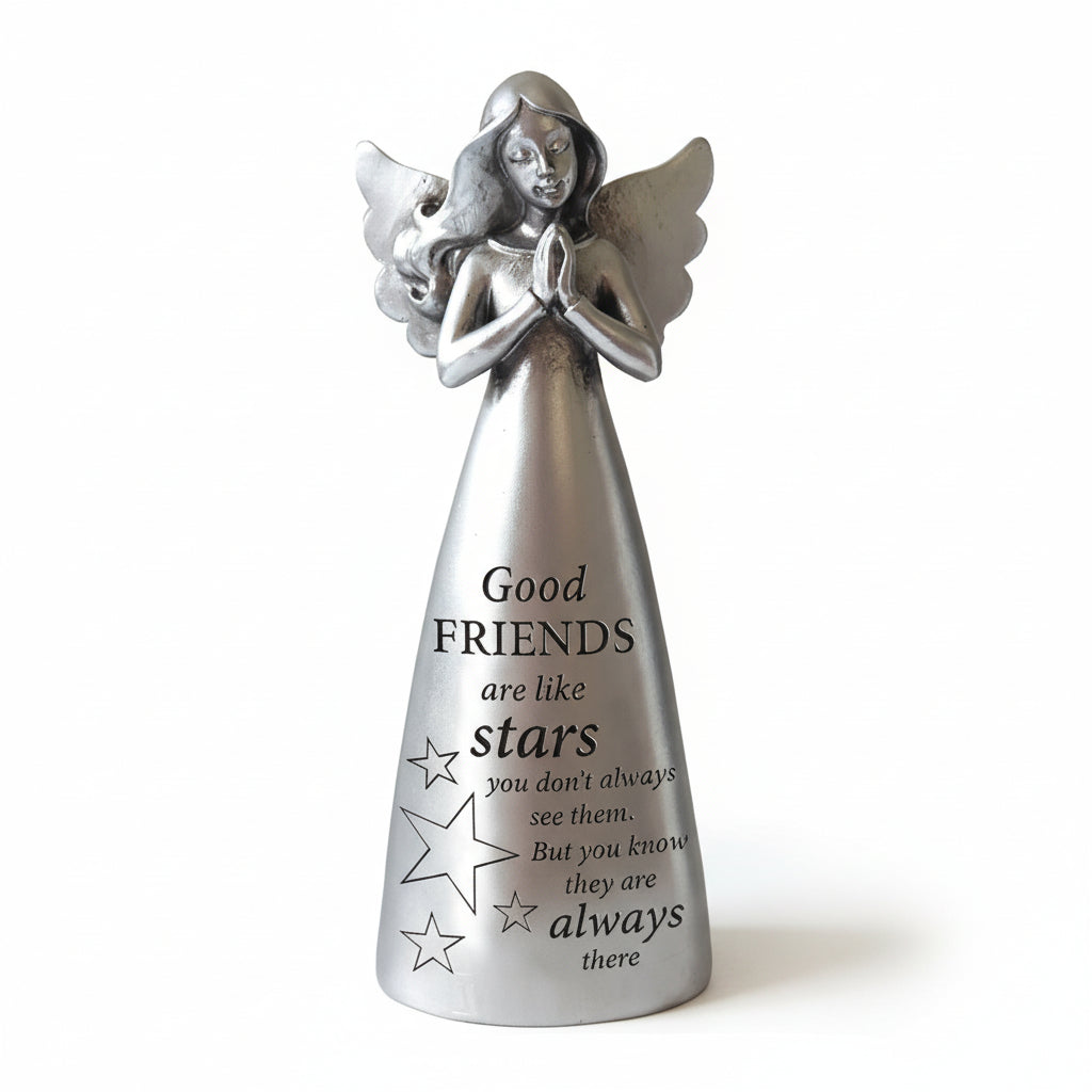 A 5 inch silver resin angel figurine with a message plaque, indicating friendship.