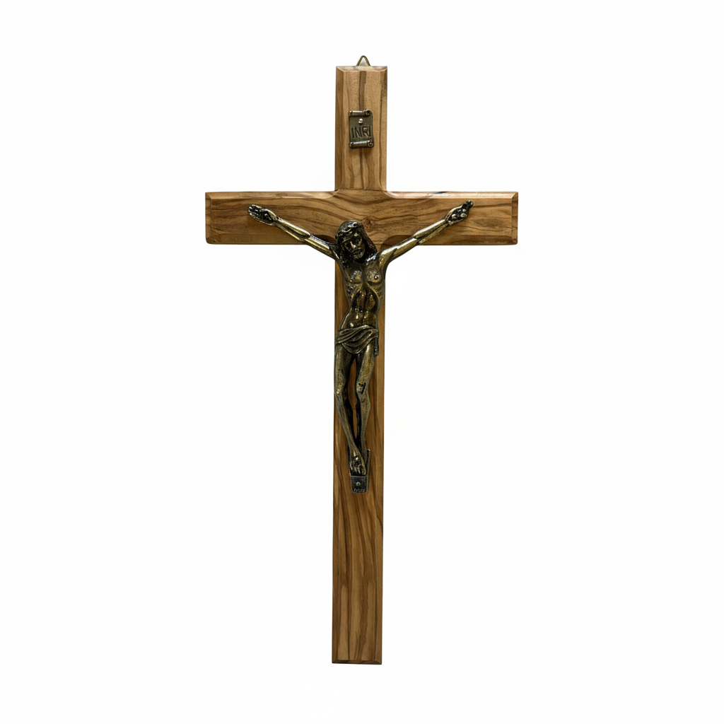 An olivewood and bronze hanging crucifix against a white background.