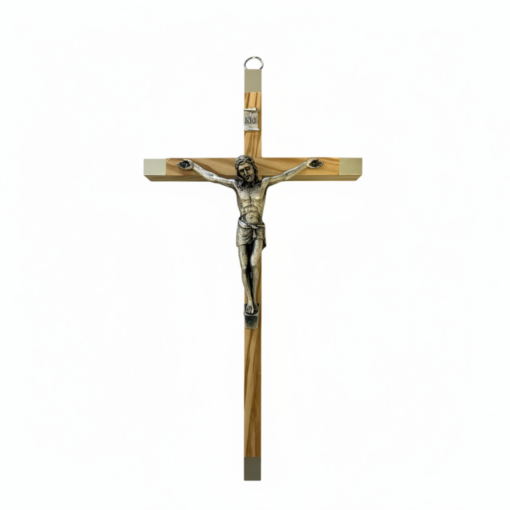An olive wood and sterling silver crucifix with a figure of Jesus Christ in the center, measuring 20cm in height.