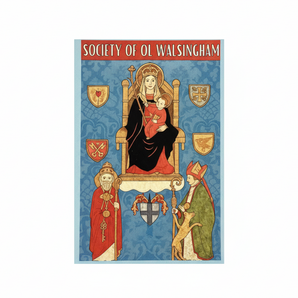 Decorative poster for the 'Society of Ol Walsingham' featuring religious imagery and heraldic elements.
