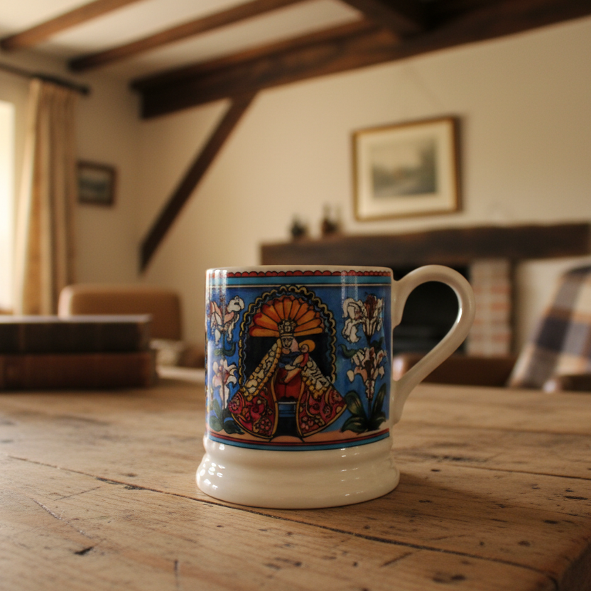 Decorative mug with colorful design on a white surface
