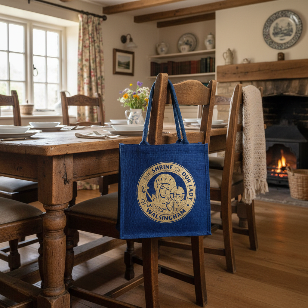 A blue jute bag with the 'Our Lady of Walsingham' logo and a depiction of the Virgin Mary and a child.