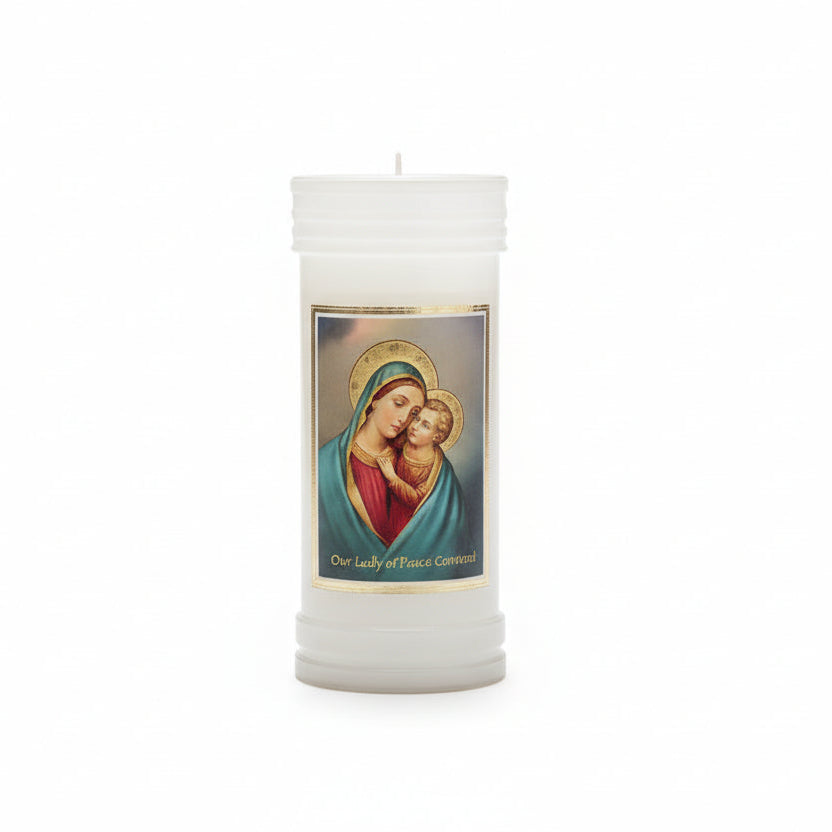 Candle with a depiction of Our Lady of Good Counsel on a white background