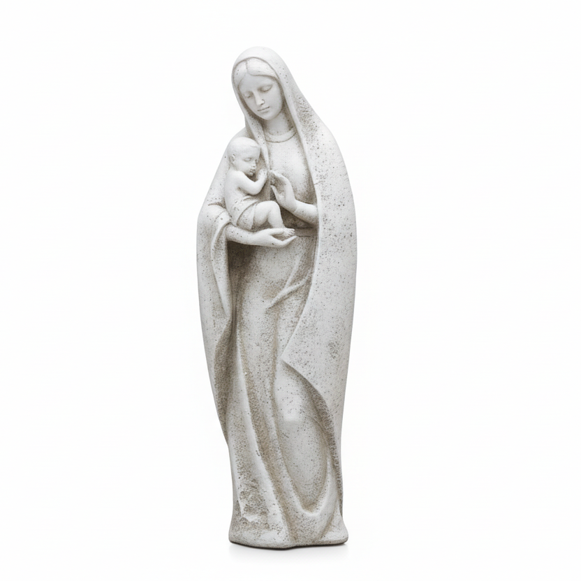 A white marble statue of the Madonna holding a child, suitable for a garden setting.