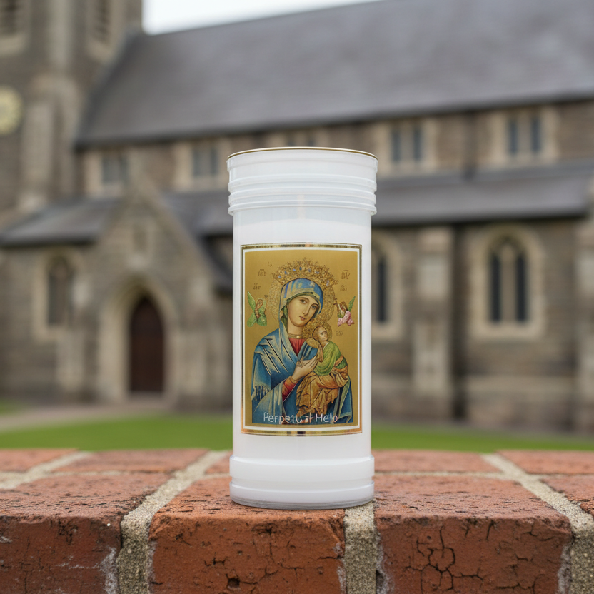 a candle featuring the virgin mary with the wording perpeual help