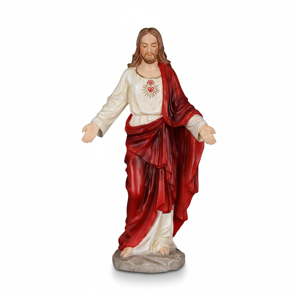 A 6 inch resin statue of the Sacred Heart of Jesus, hand painted and inspired by the Italian Renaissance artist Paolo Veronese.
