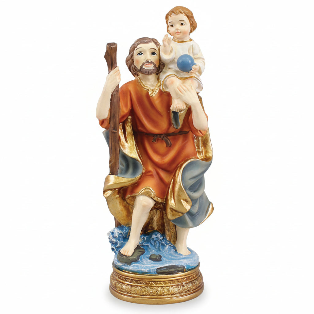Statue of Saint Christopher holding a child on a blue base